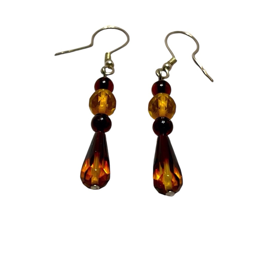 Amber Colored Beaded Dangle Earrings. Pre Owned
